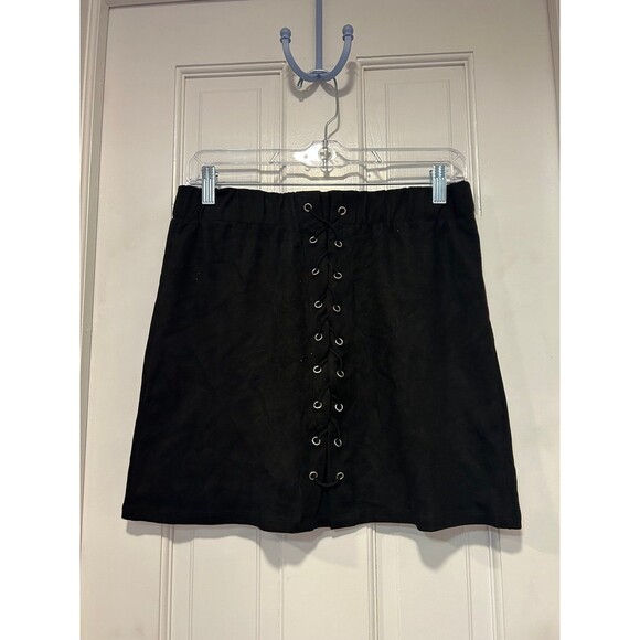 Black Suede Corset Tie Up Mini Skirt - Picture 1 of 4